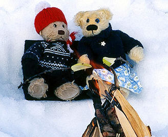 Daisy and Gregory Bear by the fireplace