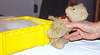Teddy Bear taking a christmas bath