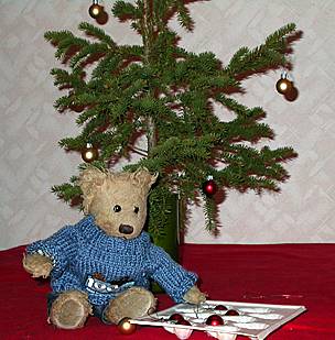 Gregory bear are decorating his Christmas tree